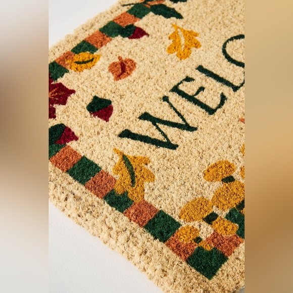 Anthropologie Welcome Printed Bordered Coir Doormat Mushroom & Leaves NEW - Picture 2 of 3